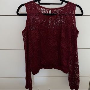 Burgundy Lace Shoulder Cutout Blouse